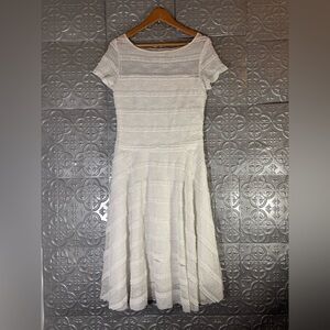 Sangria white lace lined short sleeve stretch fit flare wedding dress size 10